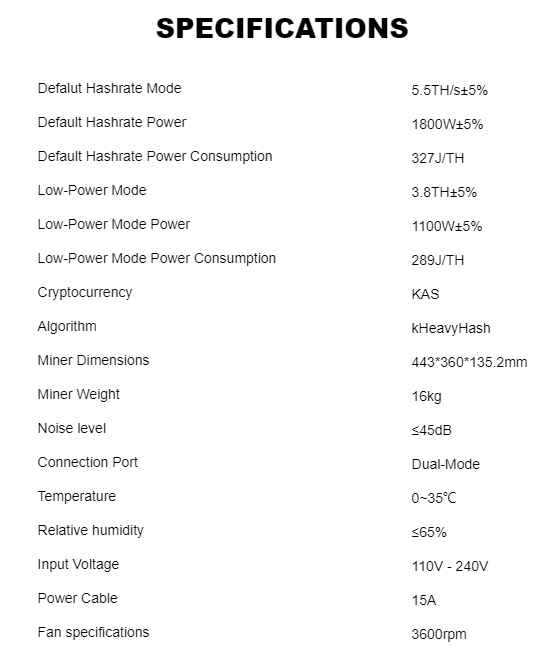 Goldshell E-KA1M  KAS Miner 5.5TH/S 1800W Kaspa Mining